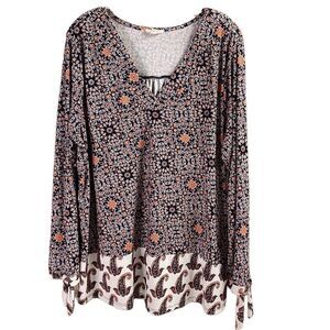 COMO BLUE Womens Plus Size 2X Long Sleeve VNeck Floral Top Blouse Black Rust